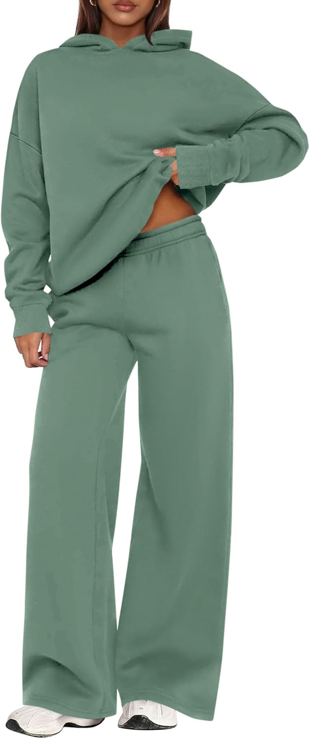 Bella Conjunto de descanso de 2 piezas con capucha para mujer – top de manga larga y pantalón de pierna ancha