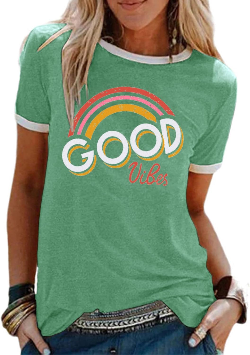 Lily Camiseta Mujer Arcoíris – Cuello Redondo, Manga Corta y Tejido Suave