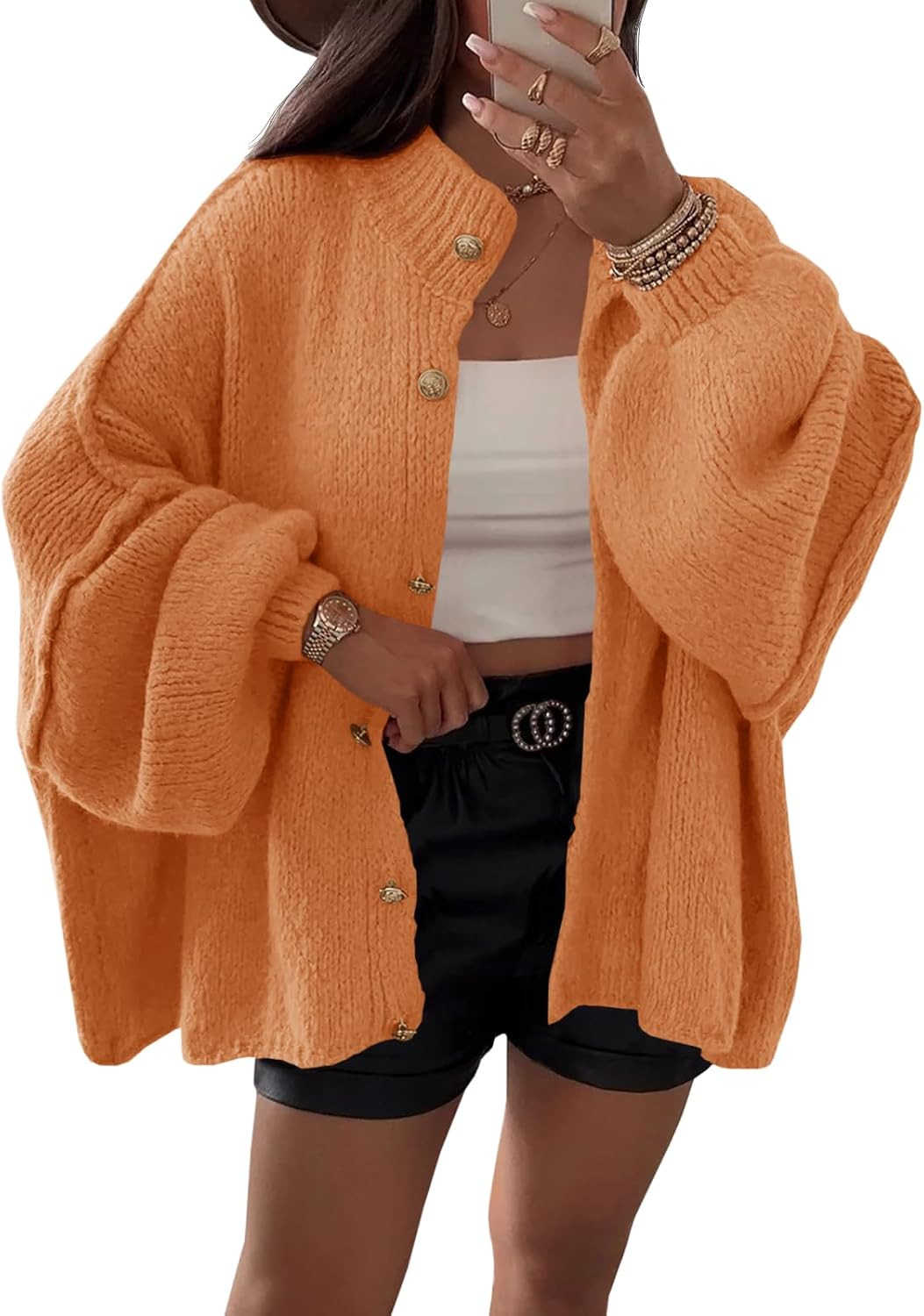 Cárdigan oversize Paula para Mujer – Mangas globo, Punto acanalado y Cierre de botones