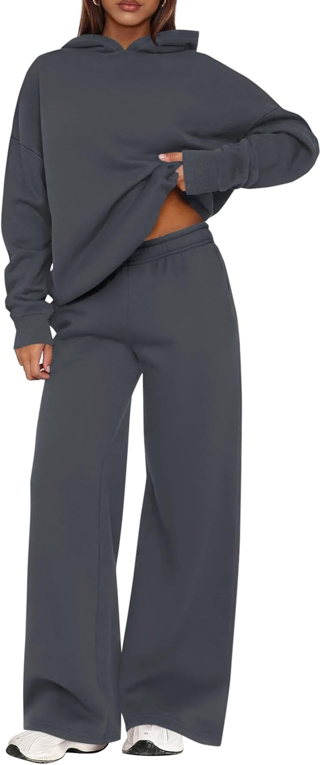 Bella Conjunto de descanso de 2 piezas con capucha para mujer – top de manga larga y pantalón de pierna ancha