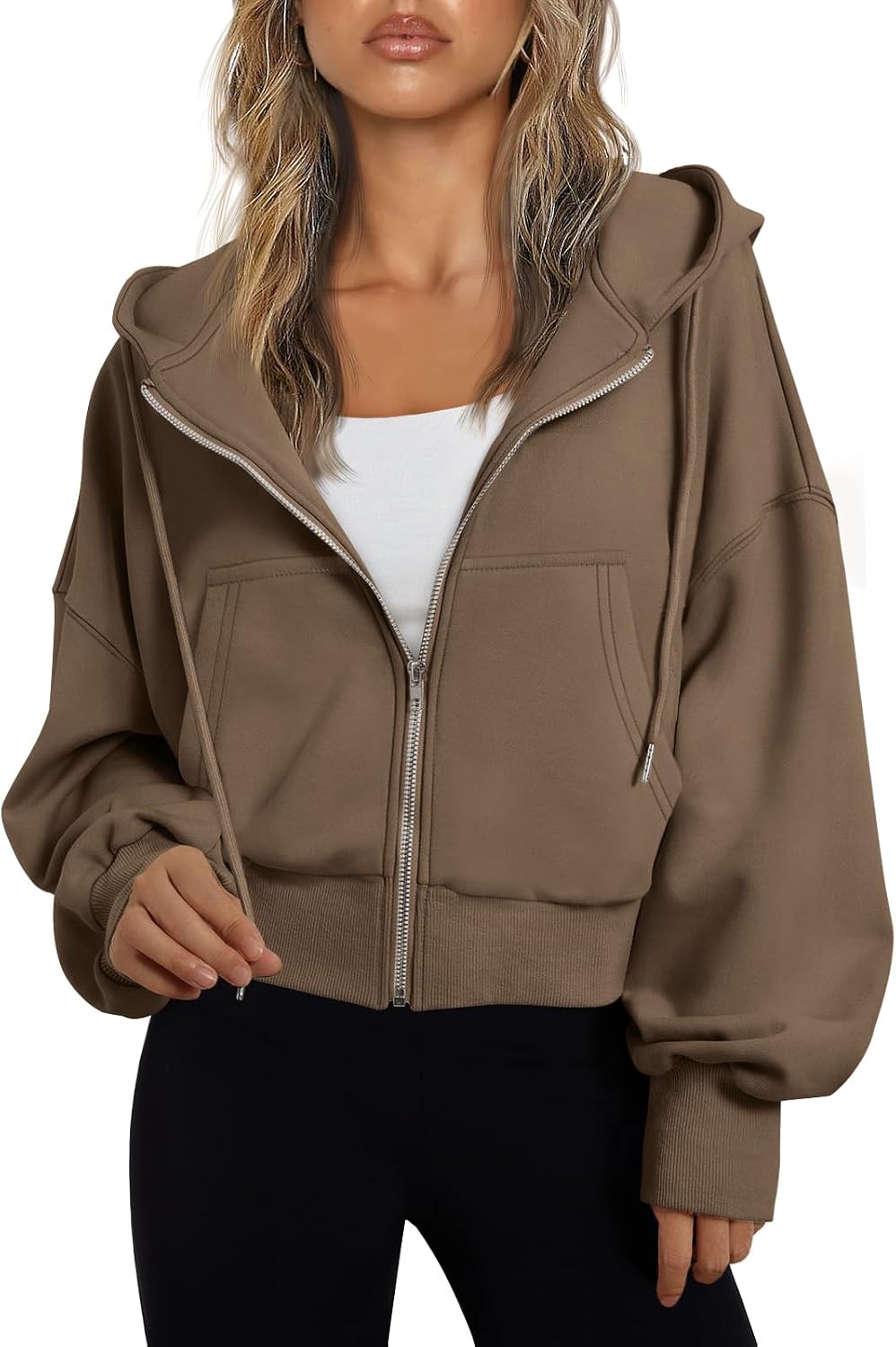 Sudadera con capucha y cremallera Claudia para Mujer – Hombros caídos, Capucha con cordón y Bolsillos prácticos