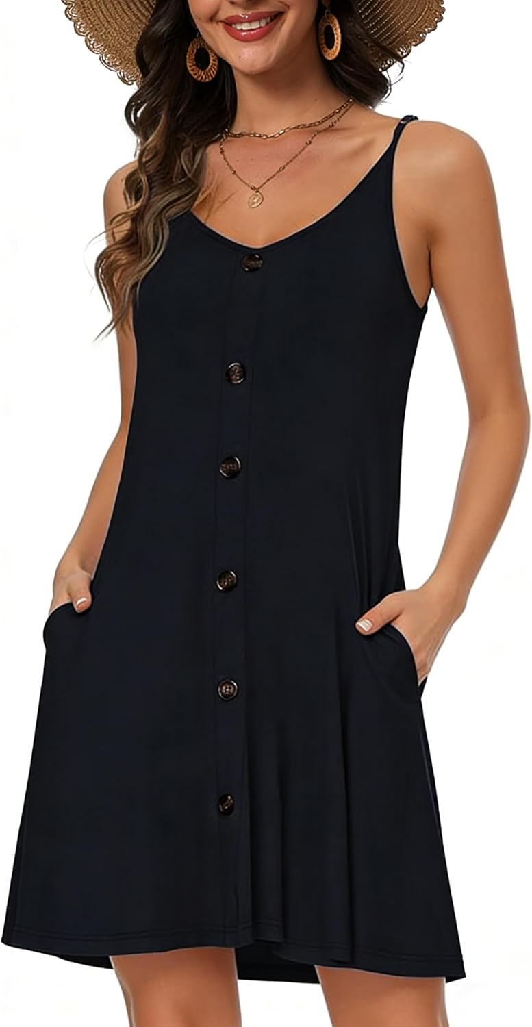 Nora Vestido Playa Mujer – Tirantes Ajustables, Botones, Bolsillos y Cuello en V