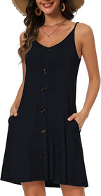 Nora Vestido Playa Mujer – Tirantes Ajustables, Botones, Bolsillos y Cuello en V