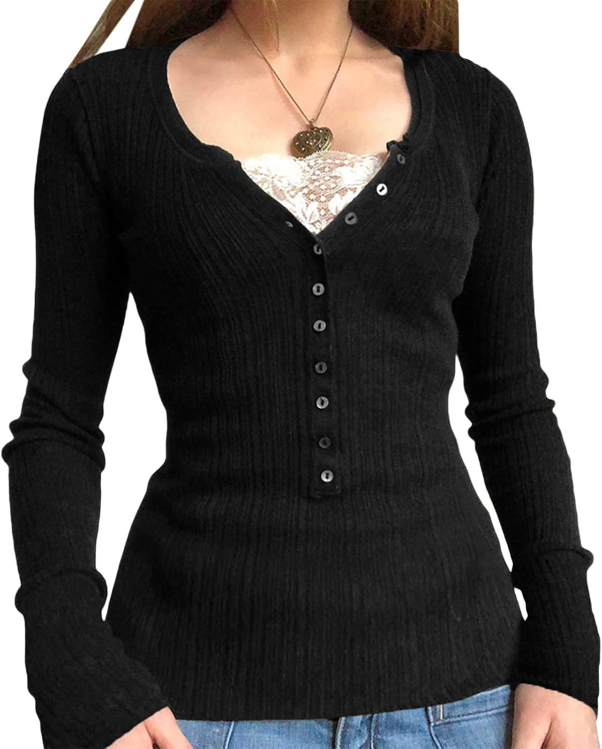 Top de cuello en V Elena para Mujer – Cierre de botones, Mangas largas y Silueta entallada