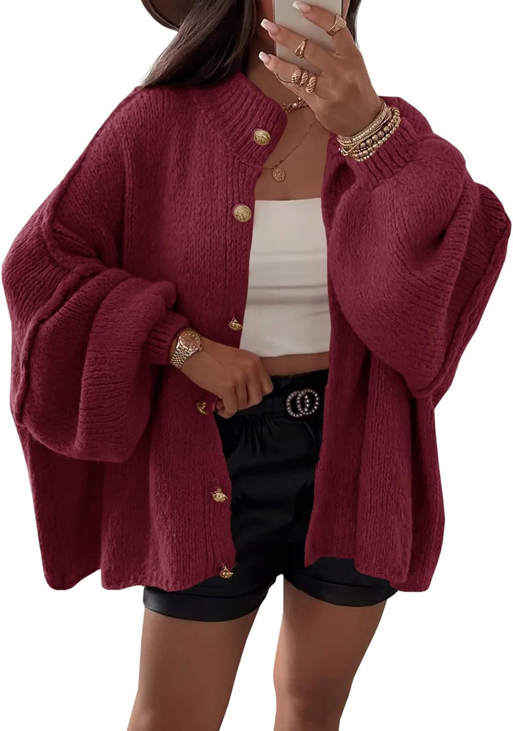 Cárdigan oversize Paula para Mujer – Mangas globo, Punto acanalado y Cierre de botones