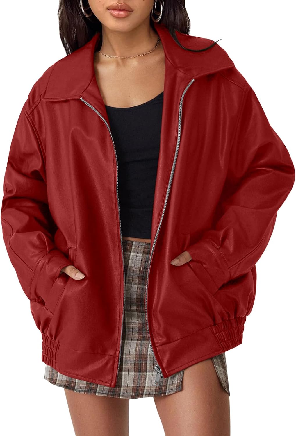 Chaqueta de piel Adriana para Mujer – Cierre de cremallera, Corte boyfriend y Capucha