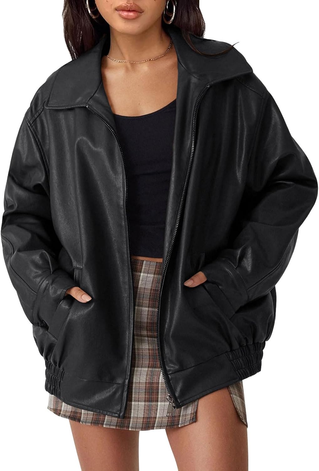 Chaqueta de piel Adriana para Mujer – Cierre de cremallera, Corte boyfriend y Capucha