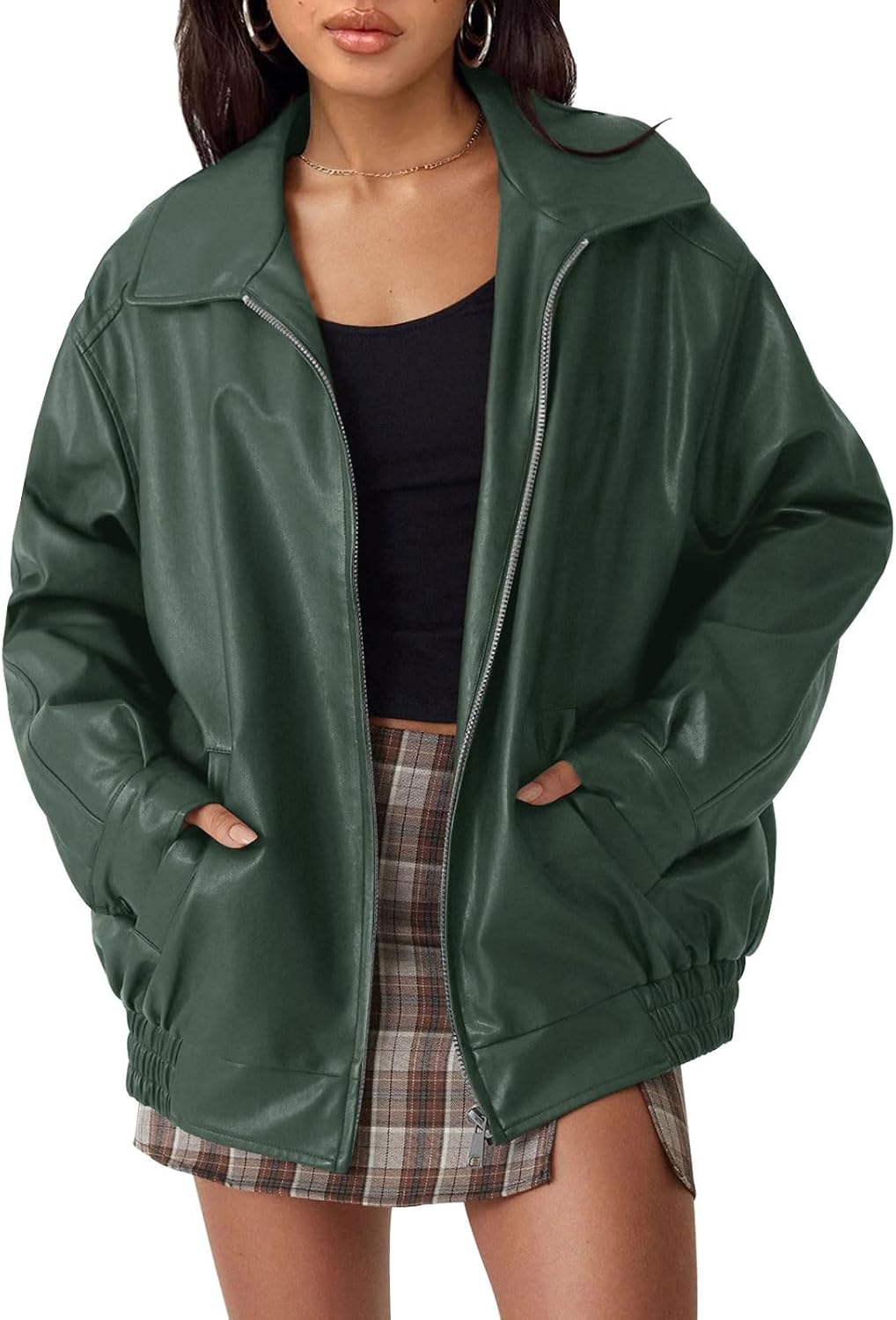 Chaqueta de piel Adriana para Mujer – Cierre de cremallera, Corte boyfriend y Capucha