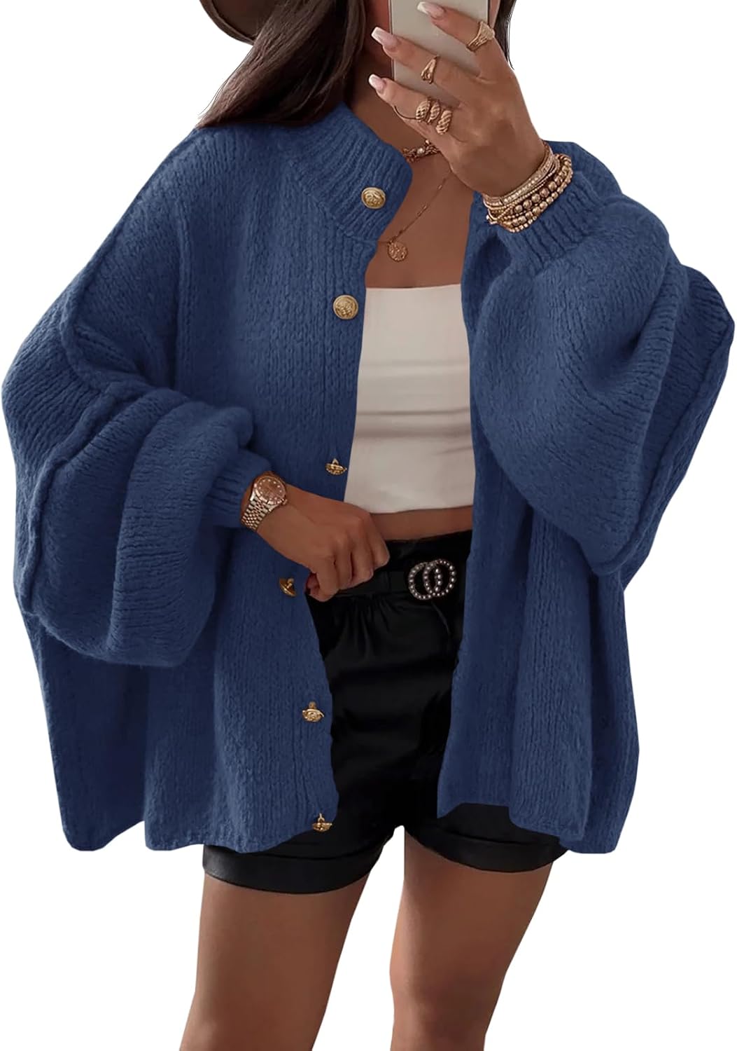 Cárdigan oversize Paula para Mujer – Mangas globo, Punto acanalado y Cierre de botones