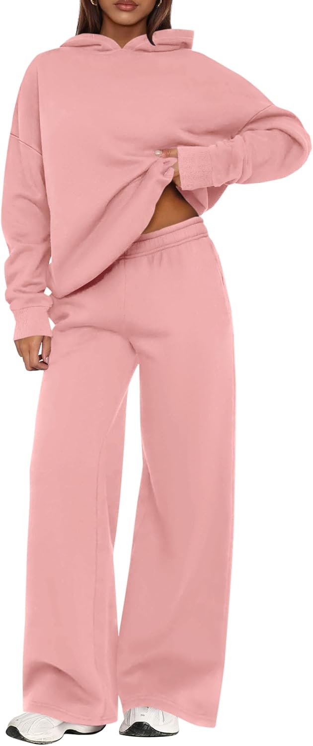 Bella Conjunto de descanso de 2 piezas con capucha para mujer – top de manga larga y pantalón de pierna ancha