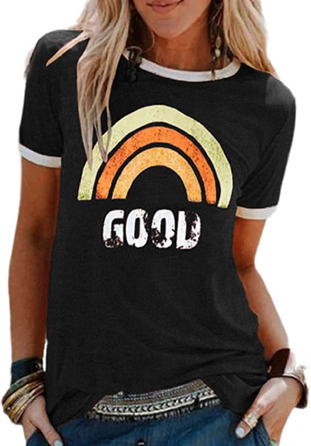 Lily Camiseta Mujer Arcoíris – Cuello Redondo, Manga Corta y Tejido Suave