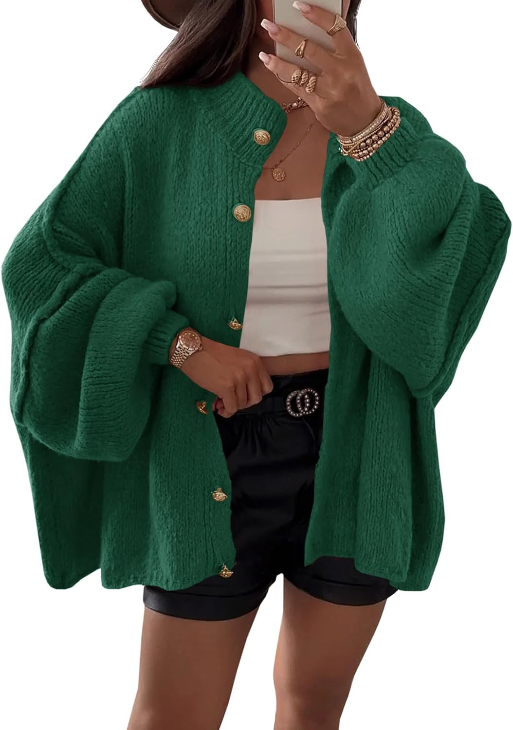 Cárdigan oversize Paula para Mujer – Mangas globo, Punto acanalado y Cierre de botones