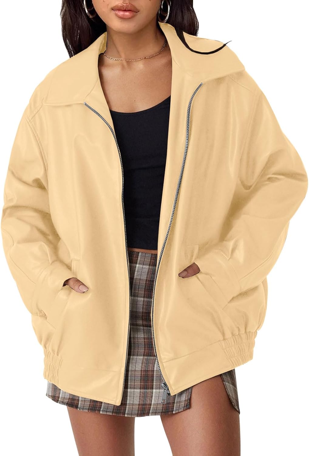 Chaqueta de piel Adriana para Mujer – Cierre de cremallera, Corte boyfriend y Capucha