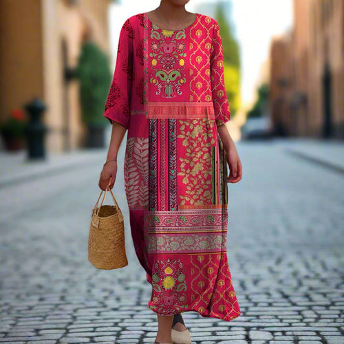 Aurora Maxi Dress for Women – Red Bohemian Design with Ethnic Print and Lightweight Cotton