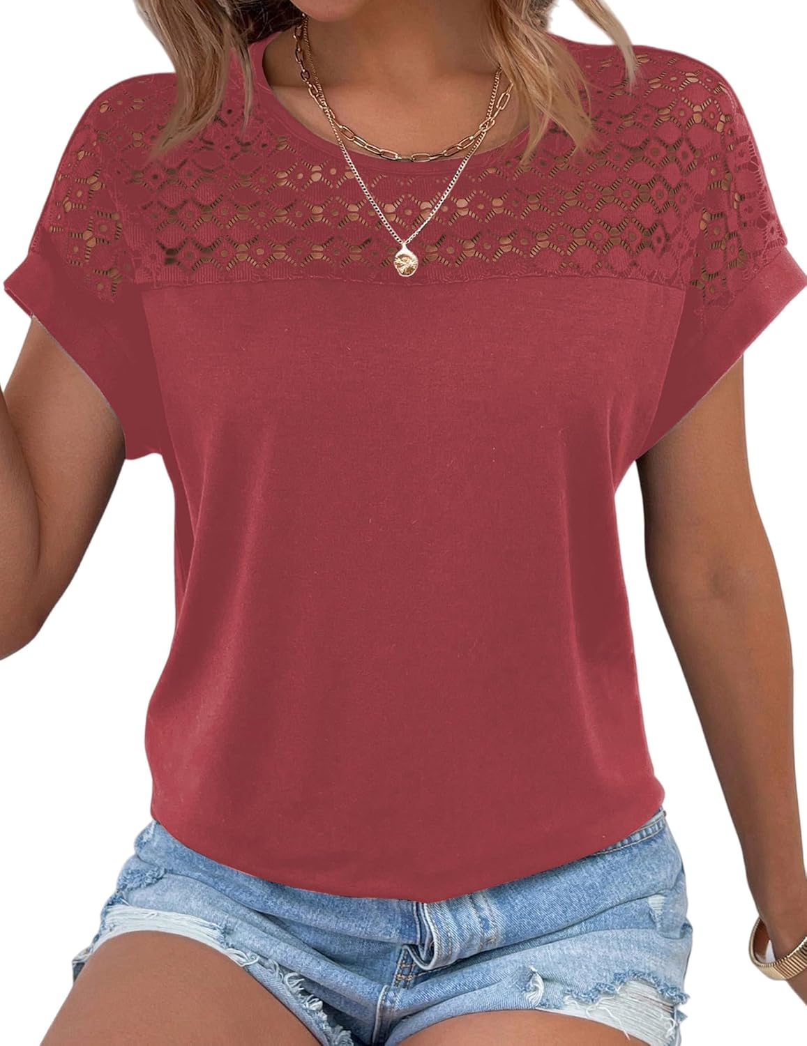 Nora Blusa Encaje Mujer – Manga Corta, Cuello Redondo y Tejido Transpirable