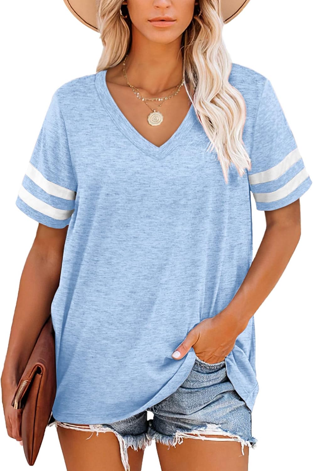 Harper Camiseta Mujer Rayas – Cuello en V, Manga Corta y Tejido Suave