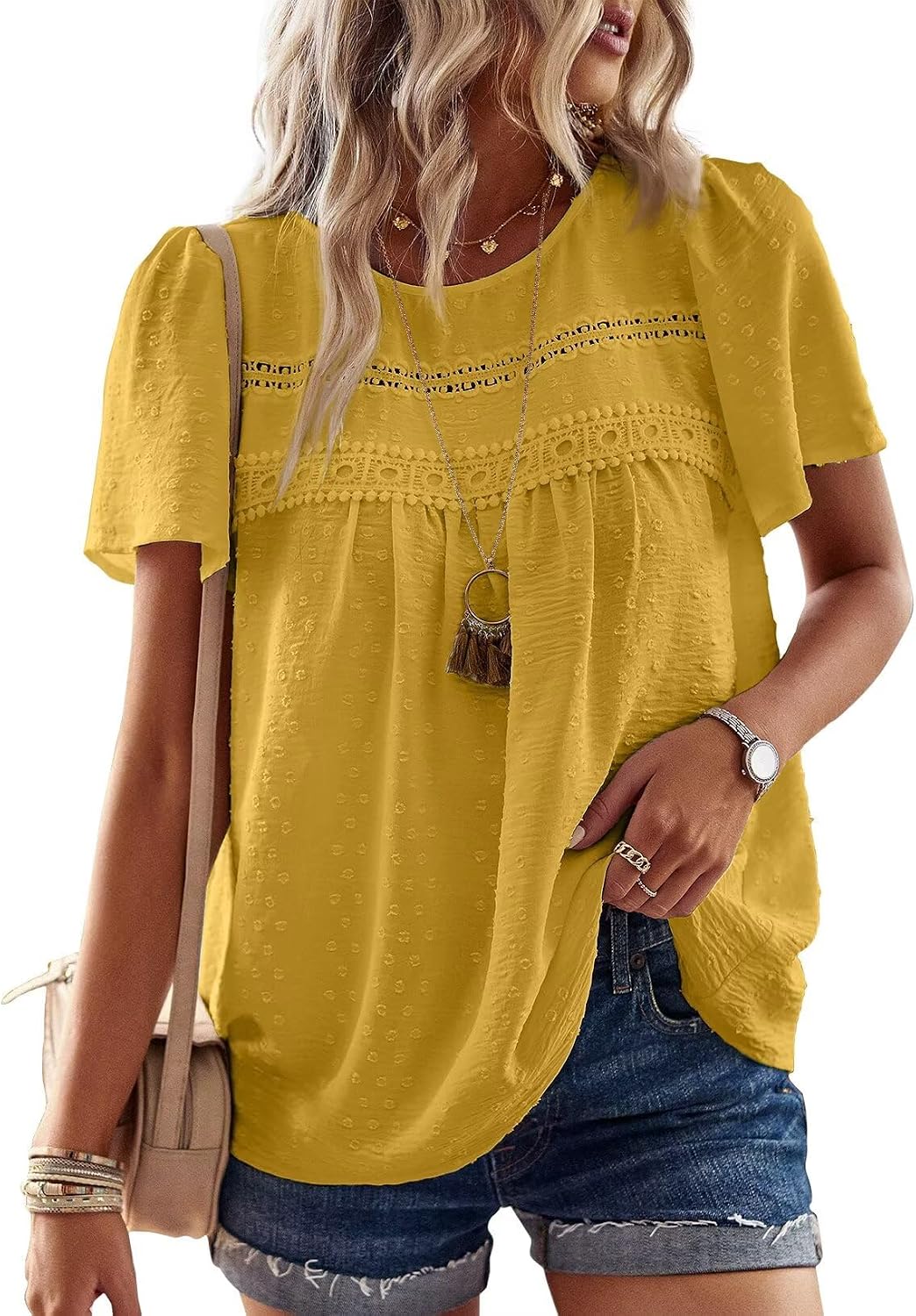 Grace Blusa Boho Mujer – Encaje, Manga Corta y Tejido Ligero Transpirable
