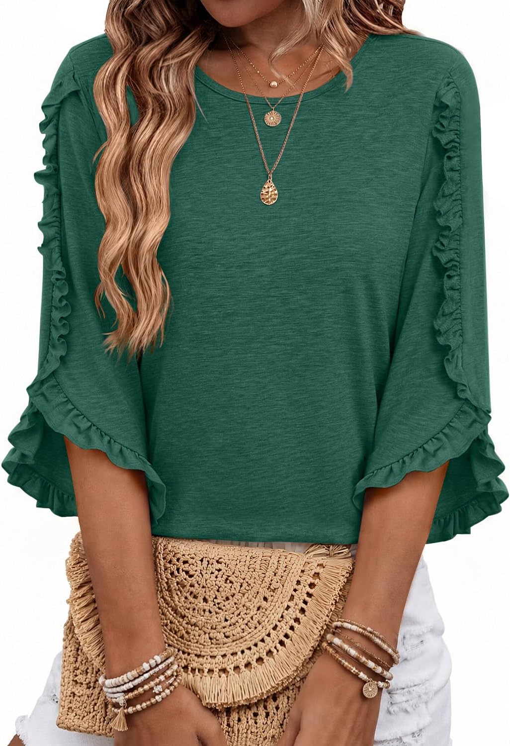 Blusa Estrella para Mujer – Mangas tres cuartos, Silueta relajada y Cuello redondo