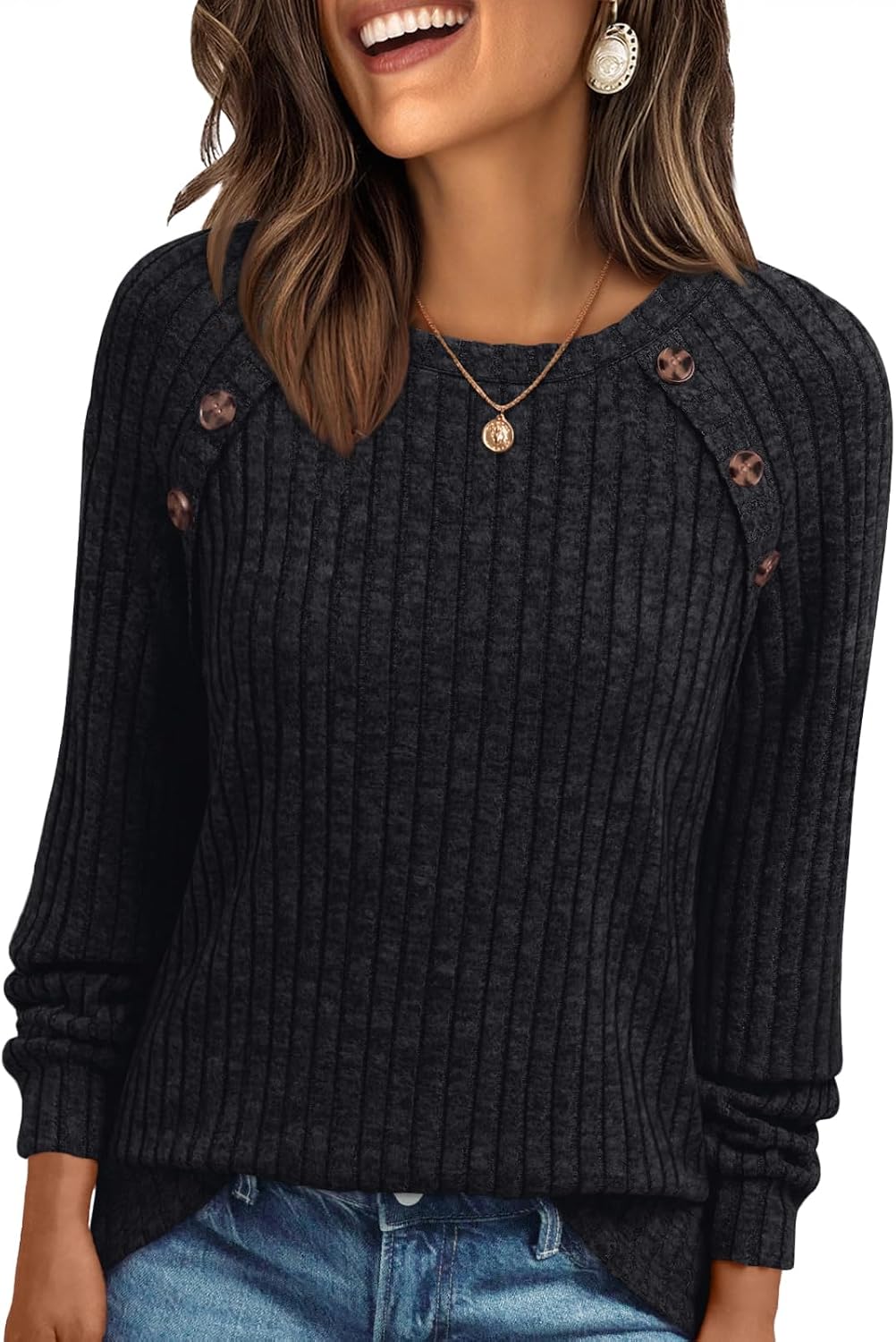 Ariana Top de punto acanalado de manga larga para mujer – cuello redondo y botones decorativos