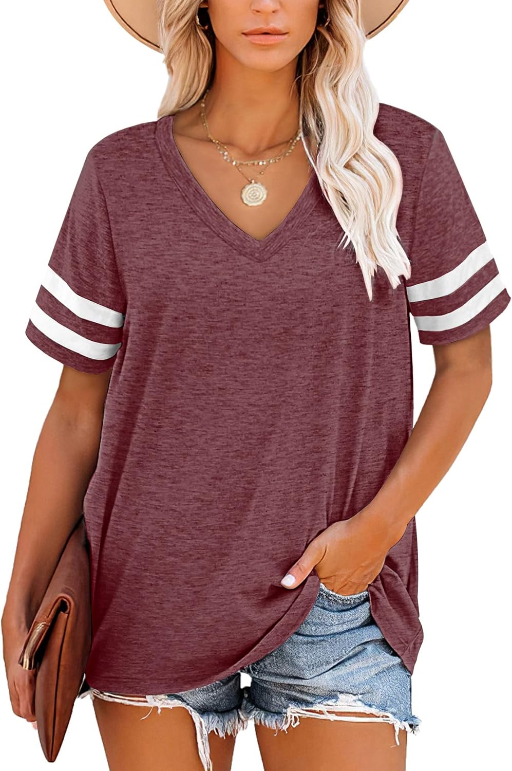 Harper Camiseta Mujer Rayas – Cuello en V, Manga Corta y Tejido Suave