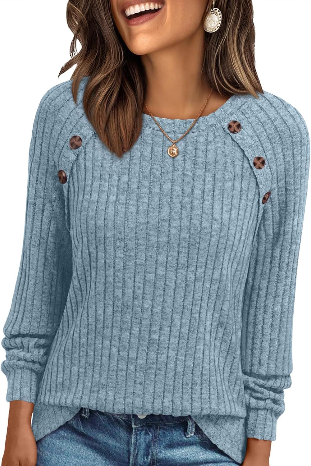 Ariana Top de punto acanalado de manga larga para mujer – cuello redondo y botones decorativos