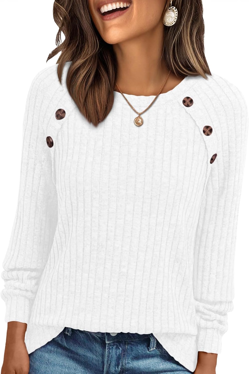 Ariana Top de punto acanalado de manga larga para mujer – cuello redondo y botones decorativos