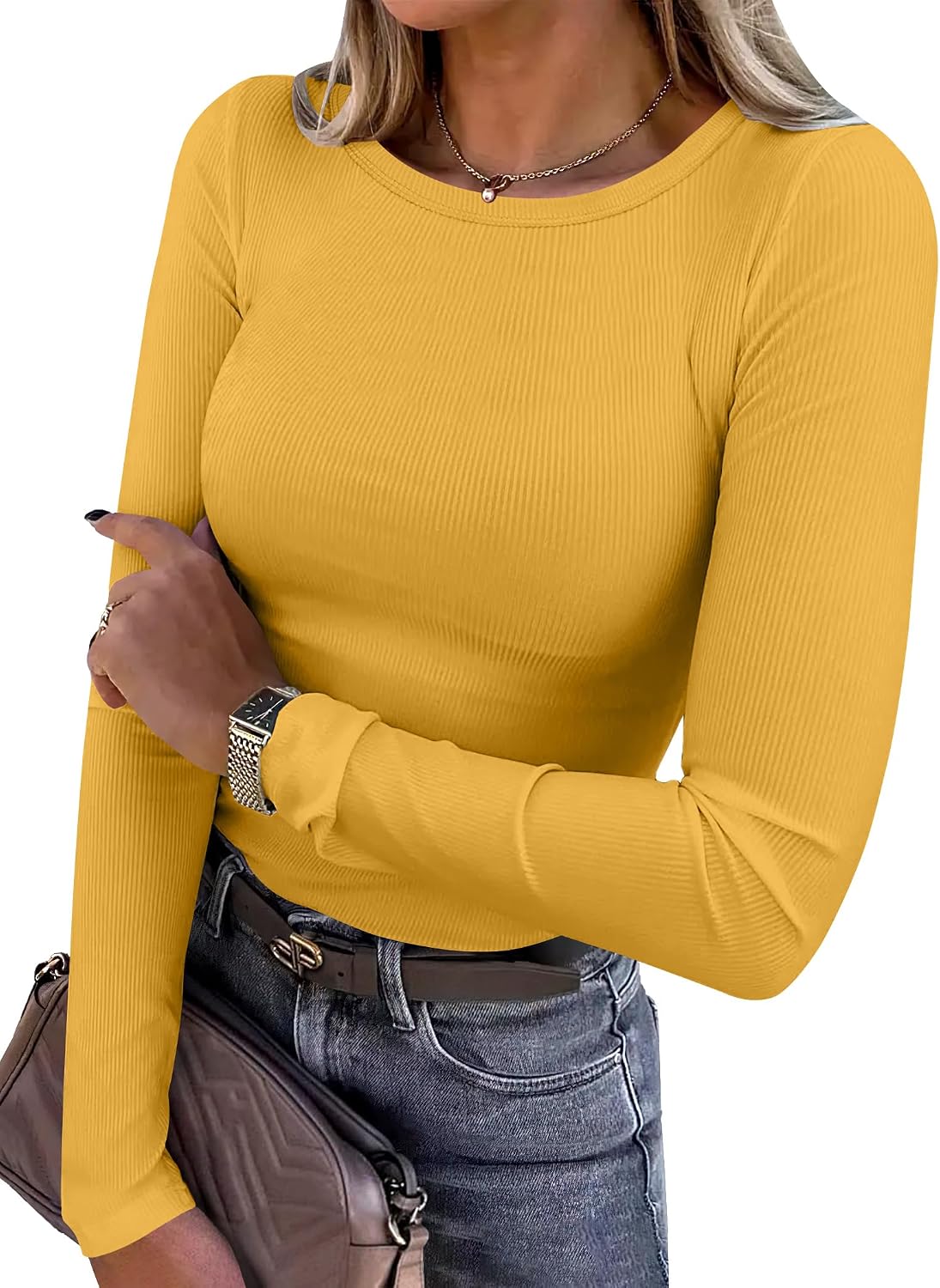 Top de cuello redondo Ximena para Mujer – Mangas largas, Silueta entallada y Tejido flexible