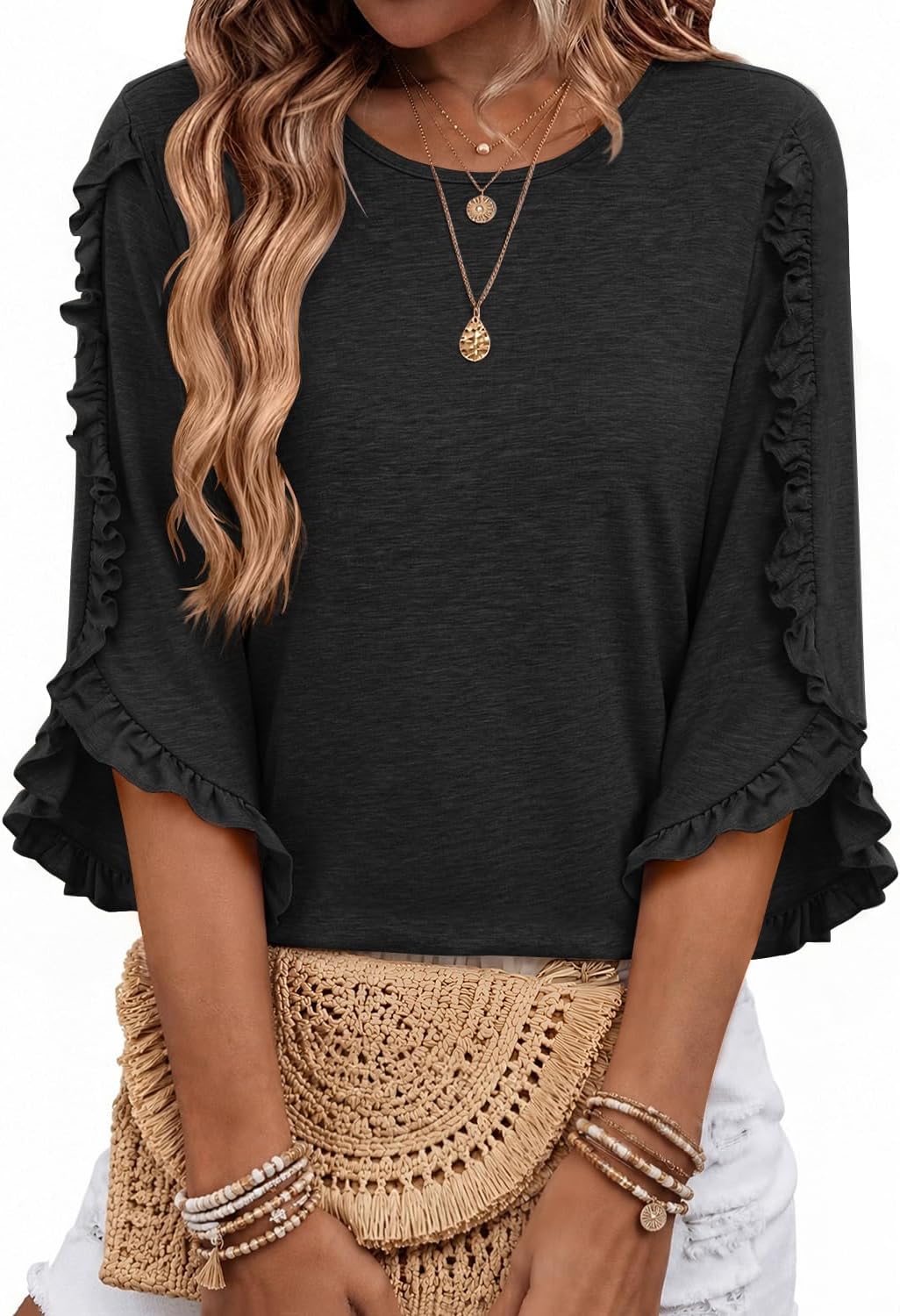 Blusa Estrella para Mujer – Mangas tres cuartos, Silueta relajada y Cuello redondo