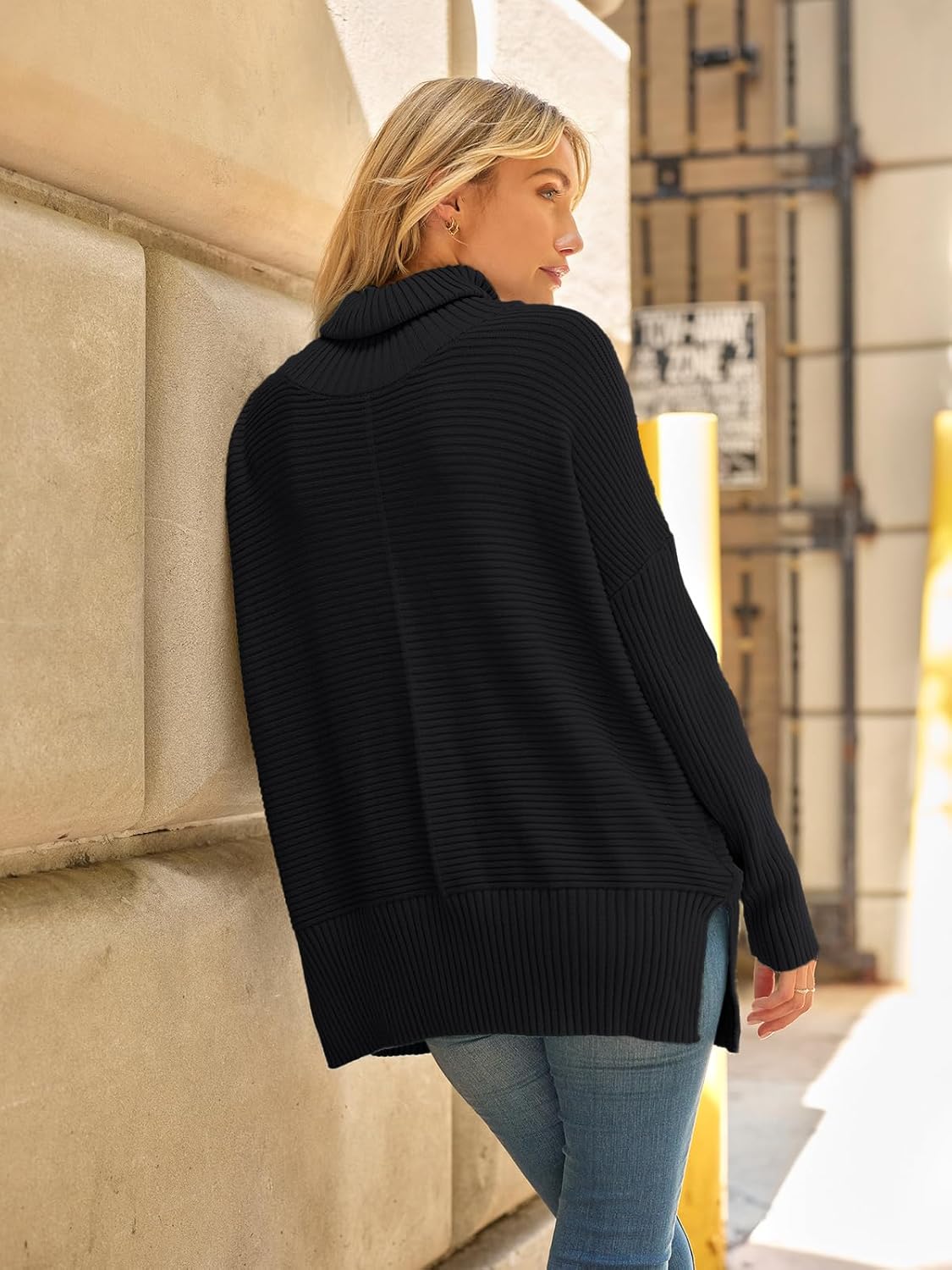 Celine Jersey oversize de cuello alto para mujer – manga larga y bajo asimétrico tipo túnica