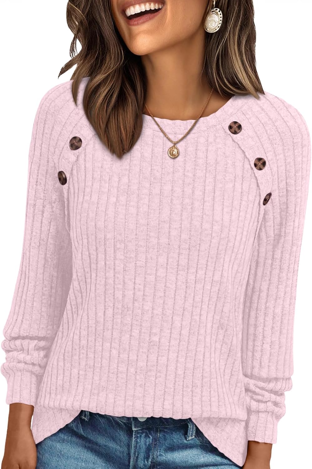 Ariana Top de punto acanalado de manga larga para mujer – cuello redondo y botones decorativos
