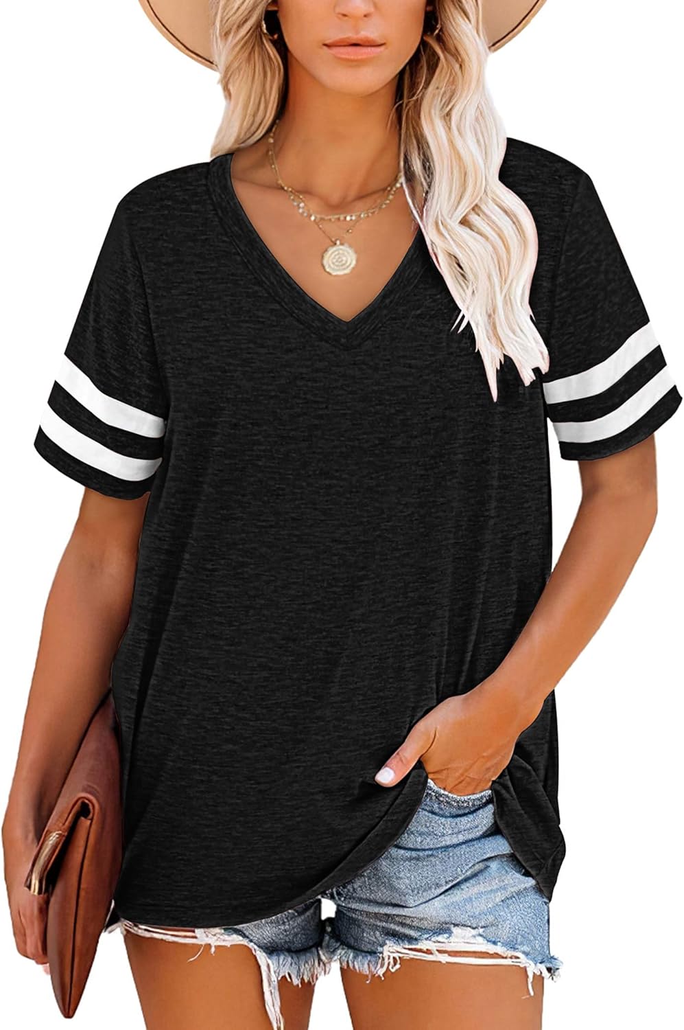 Harper Camiseta Mujer Rayas – Cuello en V, Manga Corta y Tejido Suave