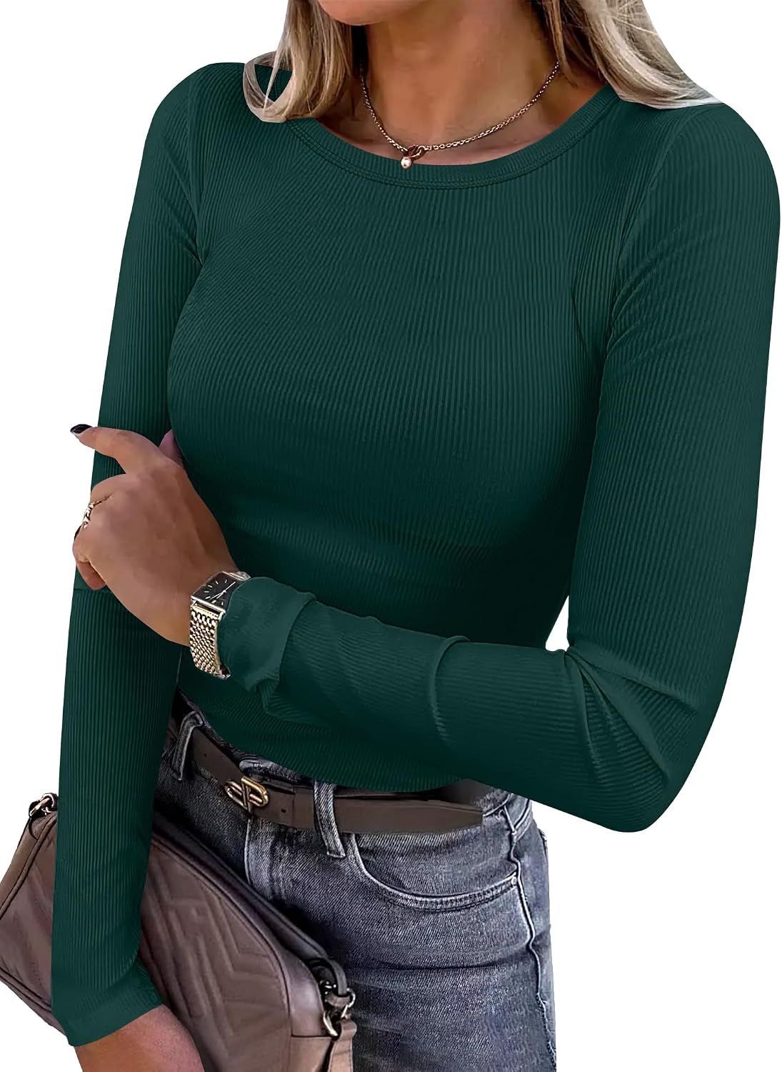 Top de cuello redondo Ximena para Mujer – Mangas largas, Silueta entallada y Tejido flexible