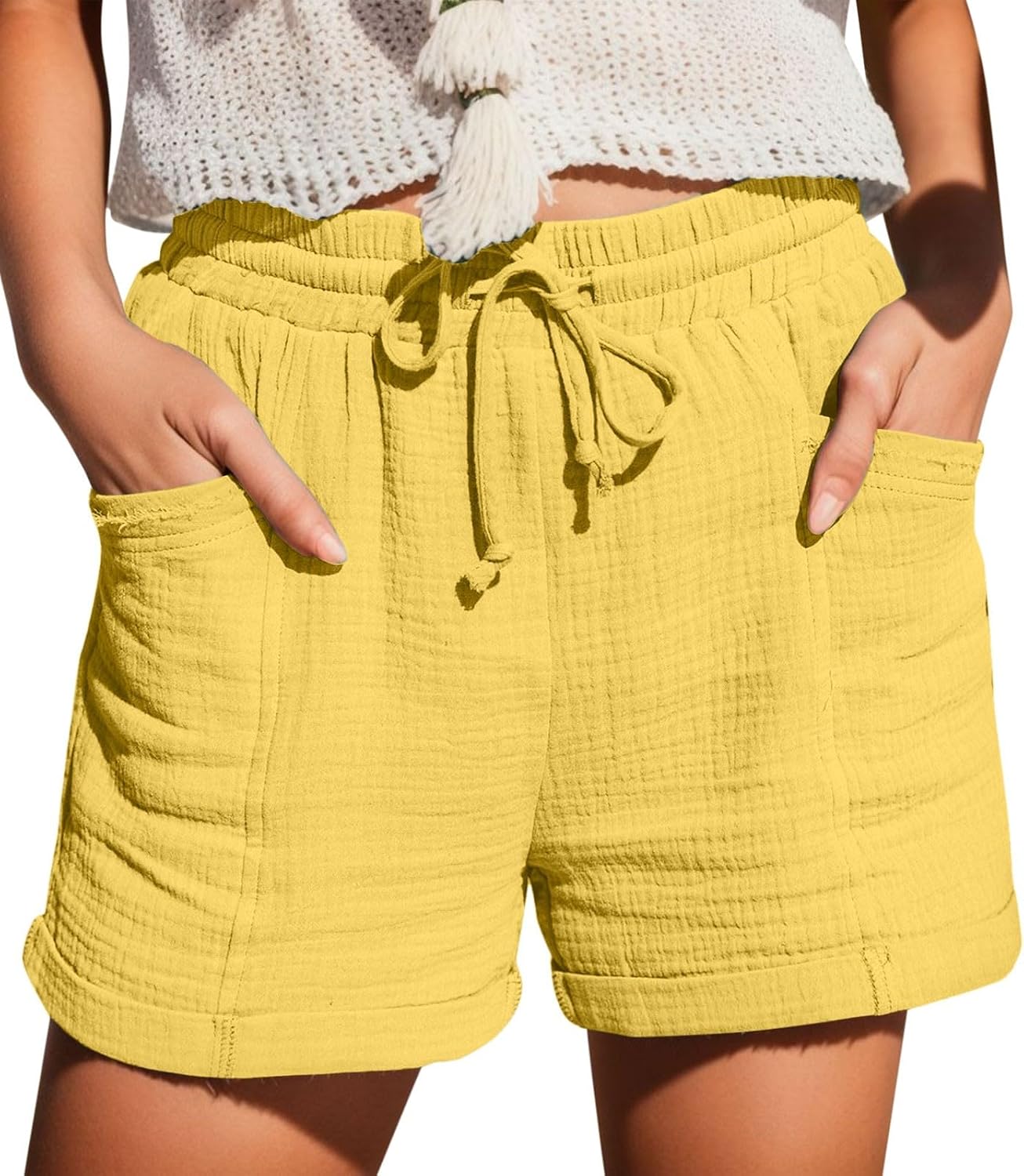 Mia Pantalones Cortos Mujer – Lino Ligero, Cintura Elástica y Bolsillos