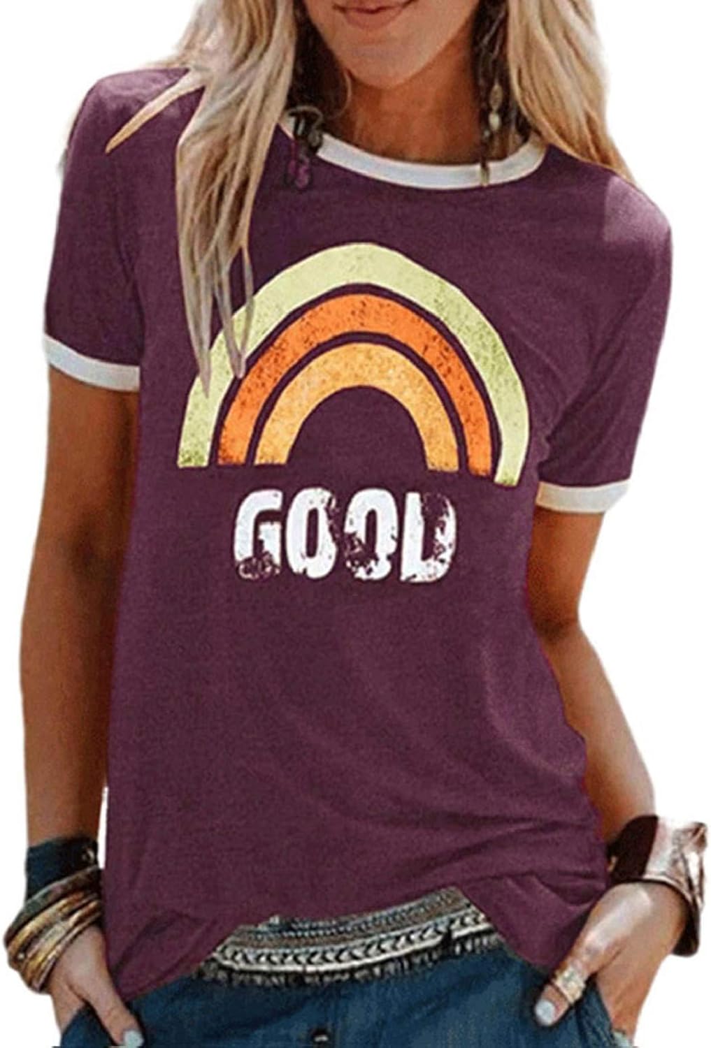 Lily Camiseta Mujer Arcoíris – Cuello Redondo, Manga Corta y Tejido Suave