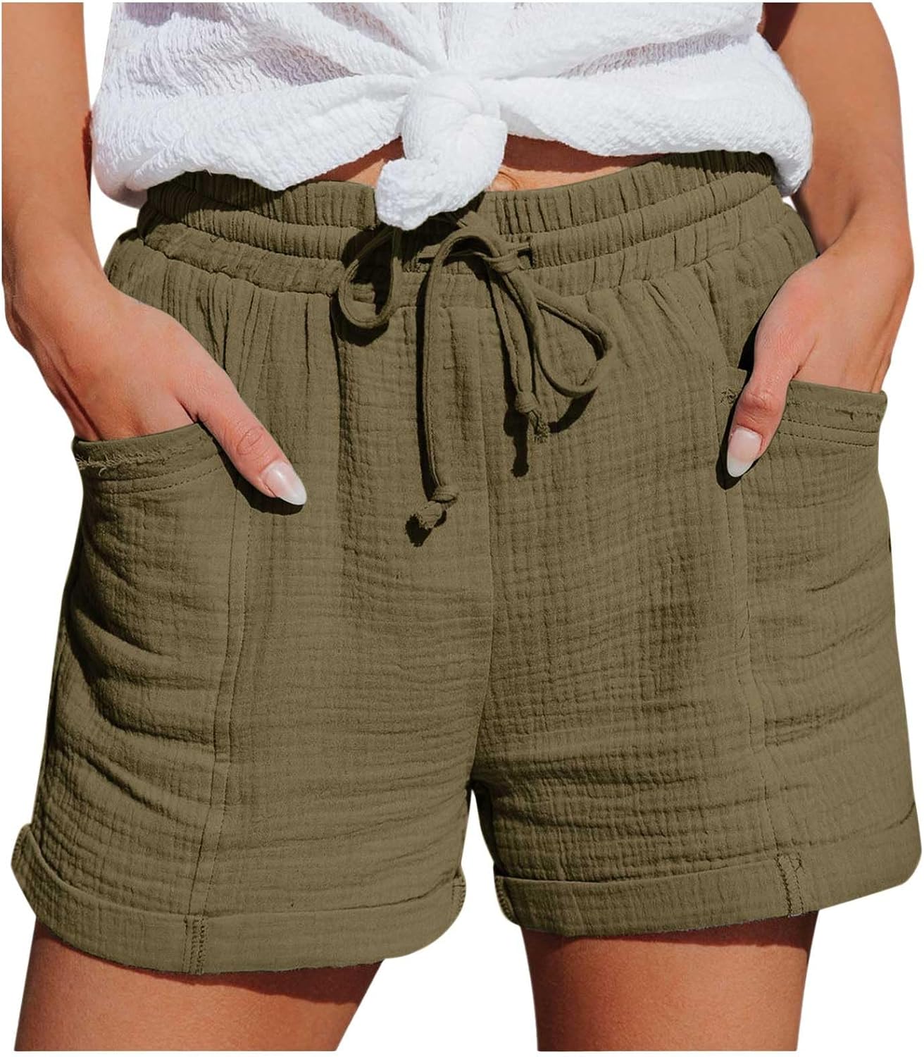 Mia Pantalones Cortos Mujer – Lino Ligero, Cintura Elástica y Bolsillos