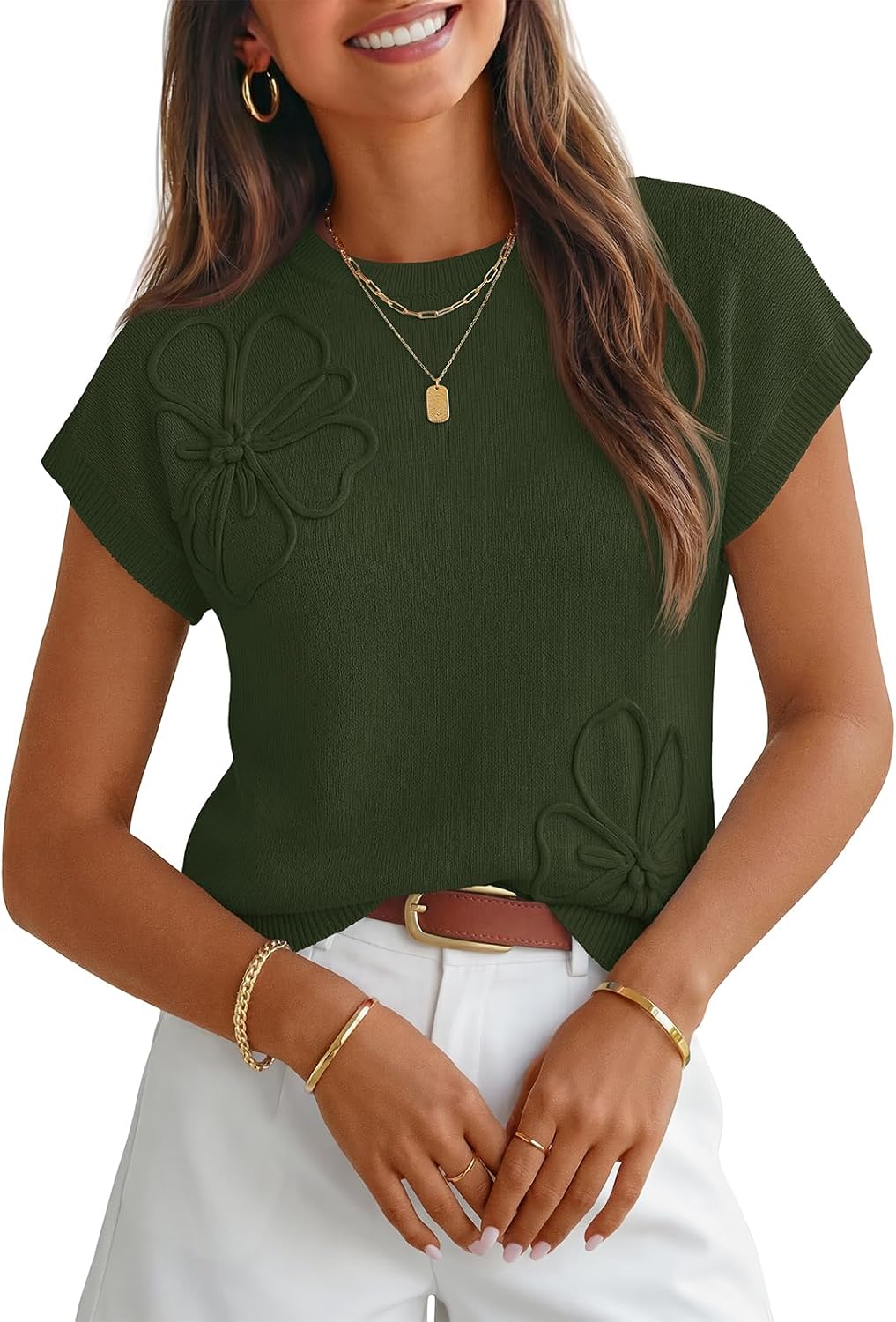 Top Olivia para Mujer – Mangas cortas, Cuello redondo y Acabados acanalados