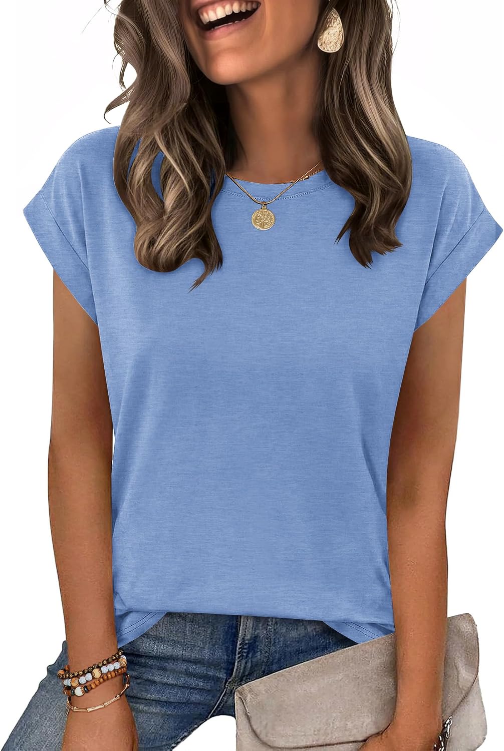Bianca Camiseta relajada de cuello redondo para mujer – manga corta y color liso