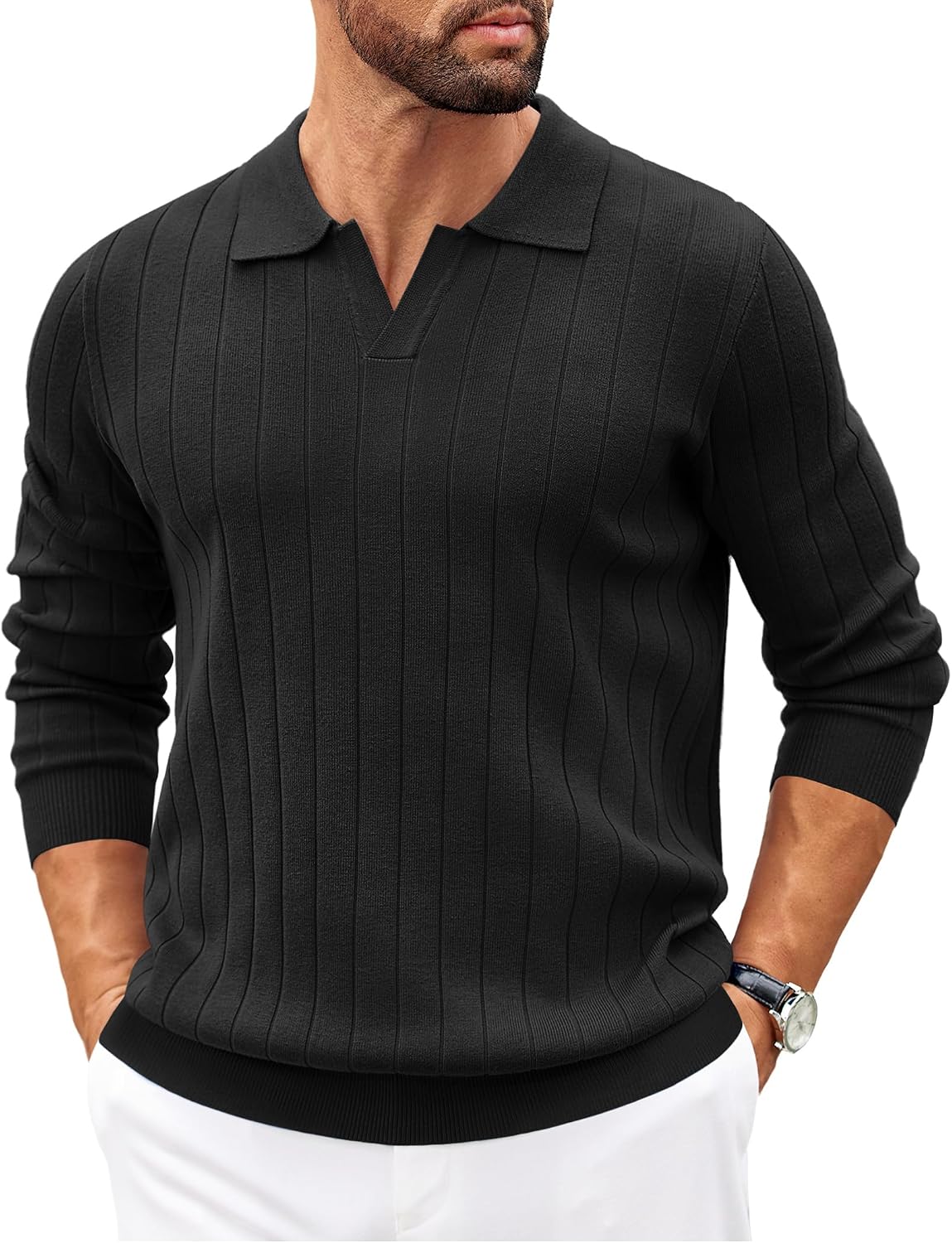 Polo de punto Tomás para Hombre – Detalles acanalados, Puños acanalados y Mangas largas