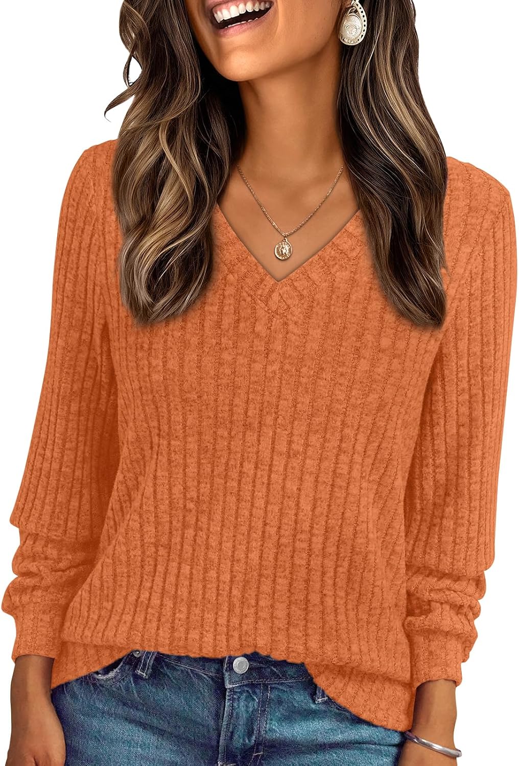 Yara Jersey de punto acanalado con cuello V para mujer – manga larga y corte relajado