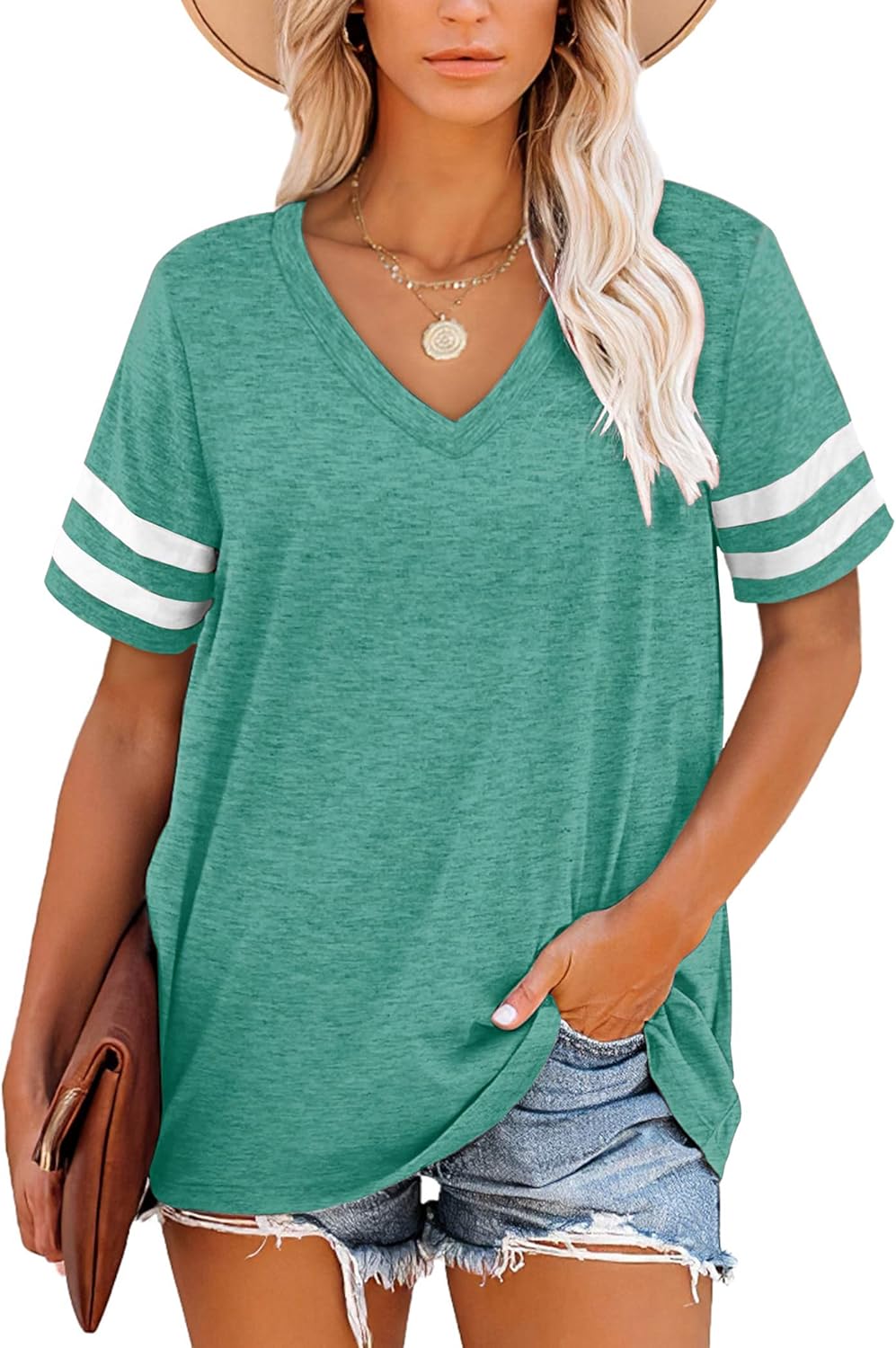 Harper Camiseta Mujer Rayas – Cuello en V, Manga Corta y Tejido Suave