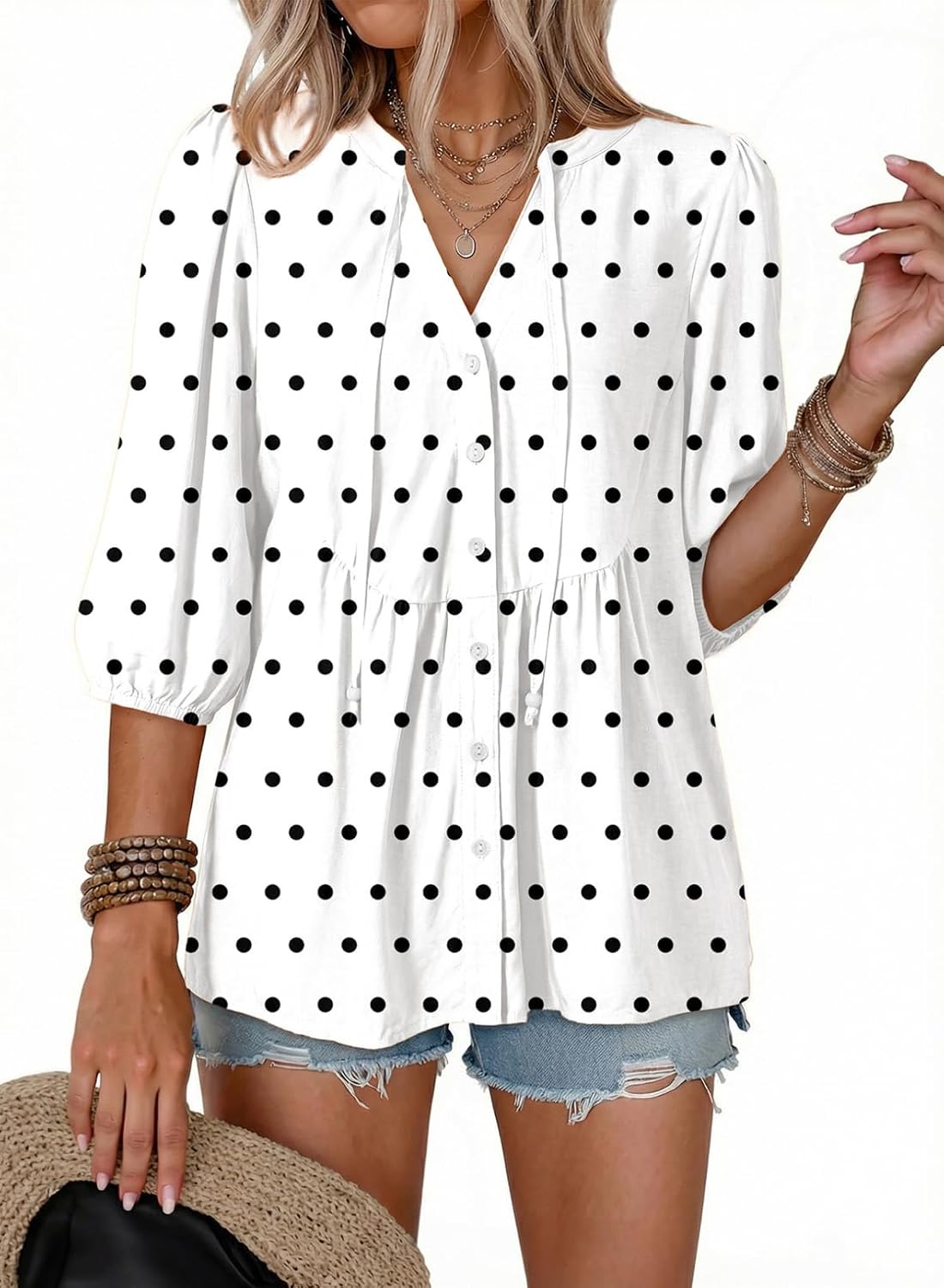 Camille Blusa floral con cuello V para mujer – botones frontales, corte péplum y estilo boho