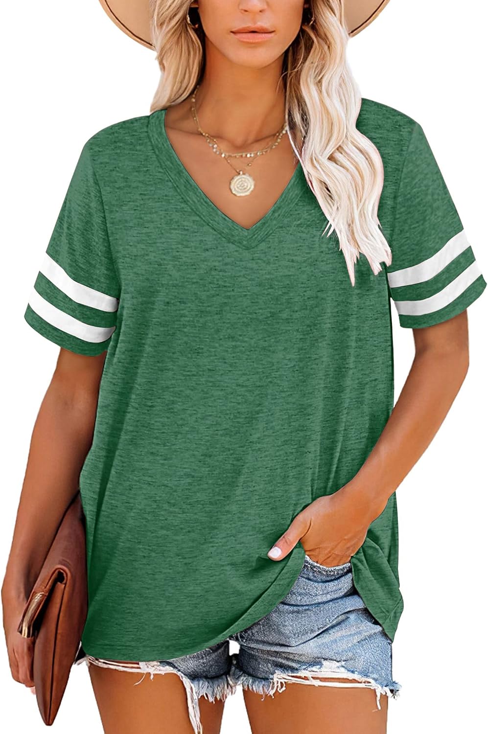 Harper Camiseta Mujer Rayas – Cuello en V, Manga Corta y Tejido Suave