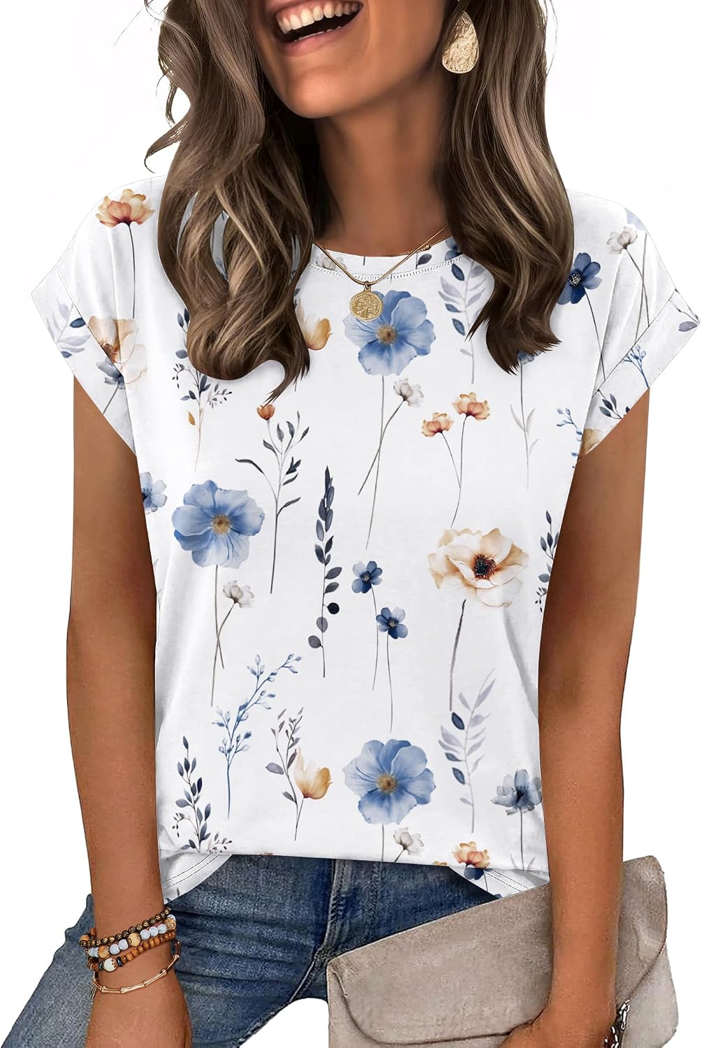 Bianca Camiseta relajada de cuello redondo para mujer – manga corta y color liso