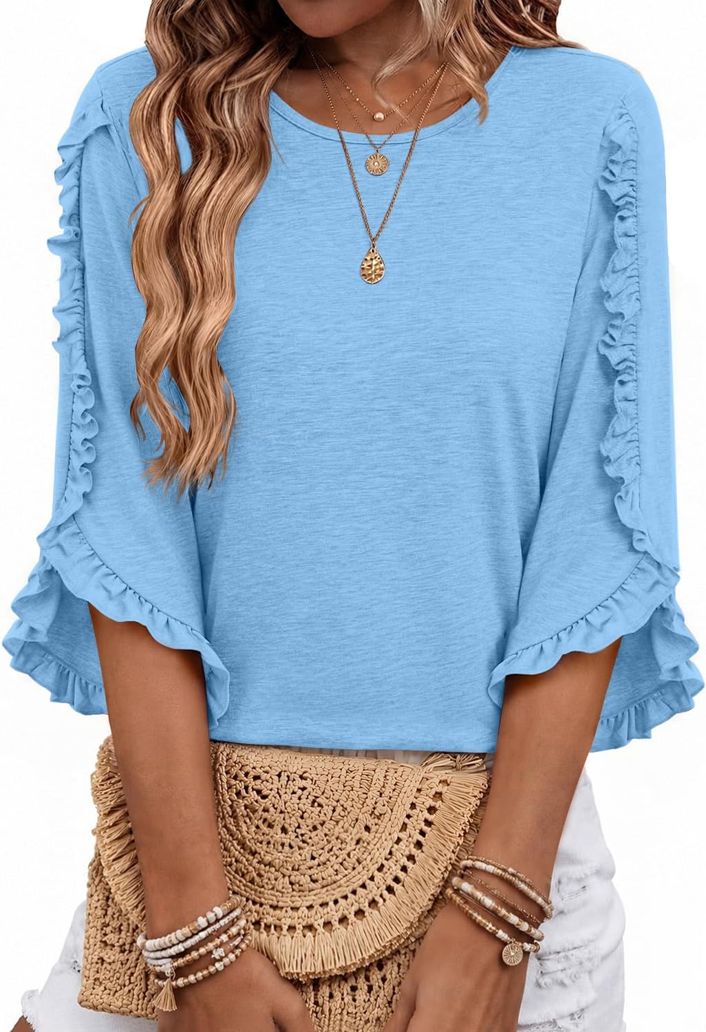 Blusa Estrella para Mujer – Mangas tres cuartos, Silueta relajada y Cuello redondo