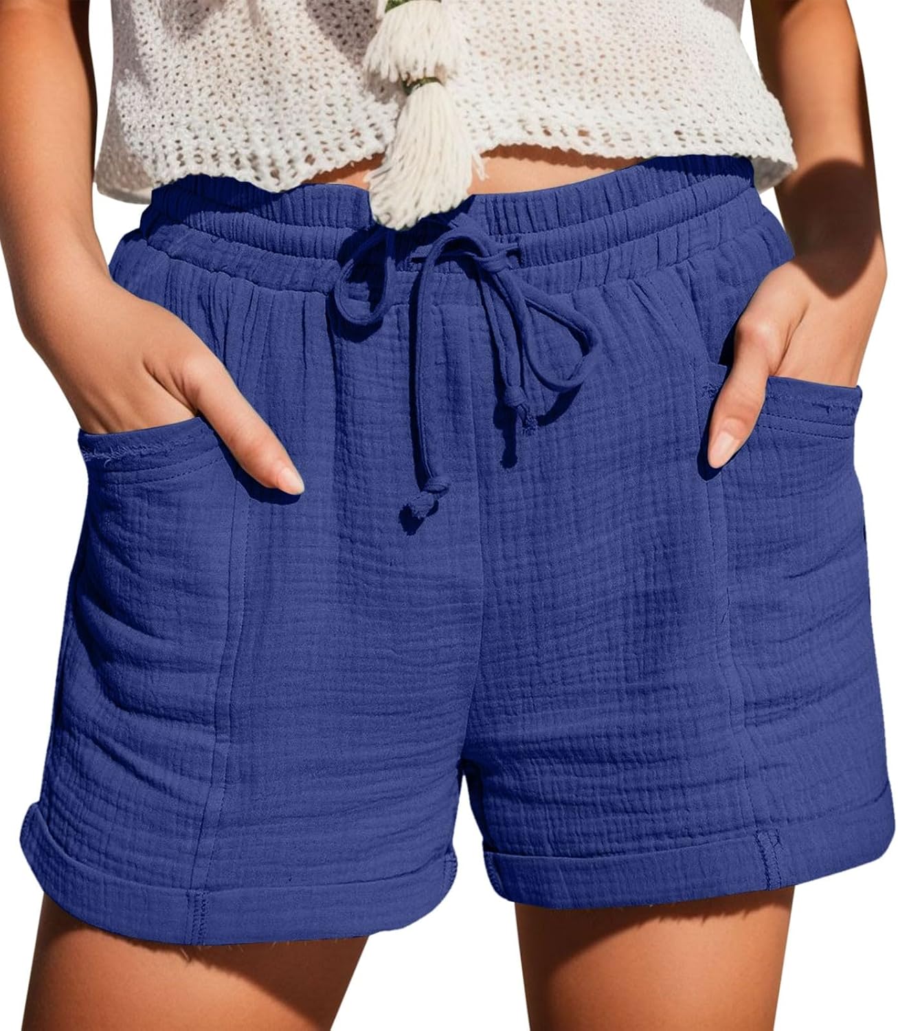 Mia Pantalones Cortos Mujer – Lino Ligero, Cintura Elástica y Bolsillos
