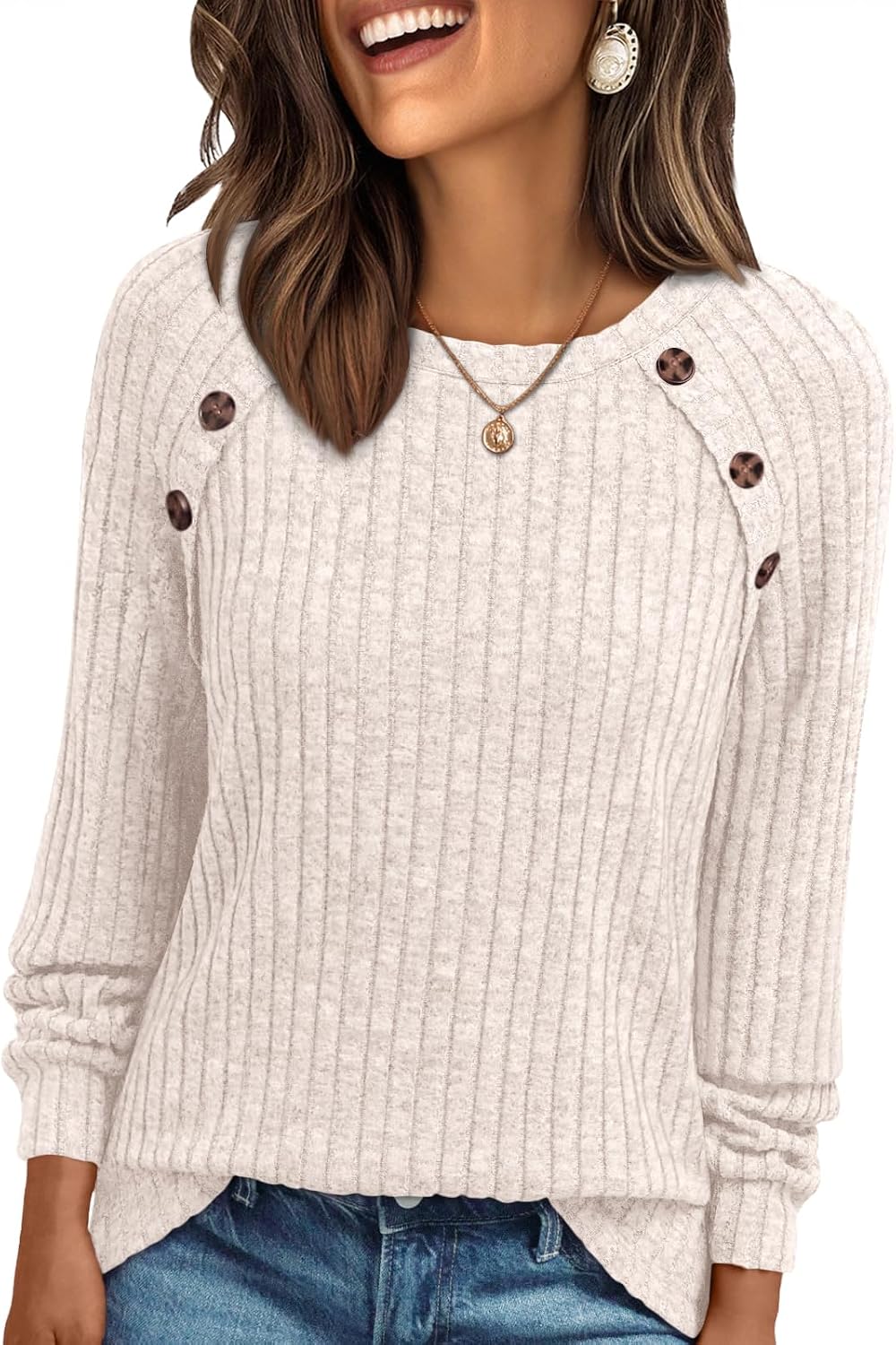 Ariana Top de punto acanalado de manga larga para mujer – cuello redondo y botones decorativos