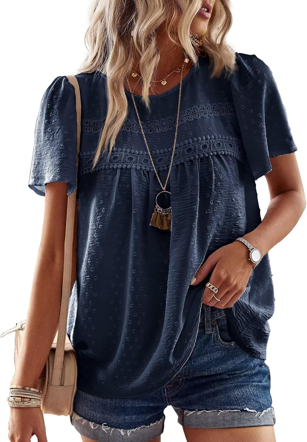 Grace Blusa Boho Mujer – Encaje, Manga Corta y Tejido Ligero Transpirable