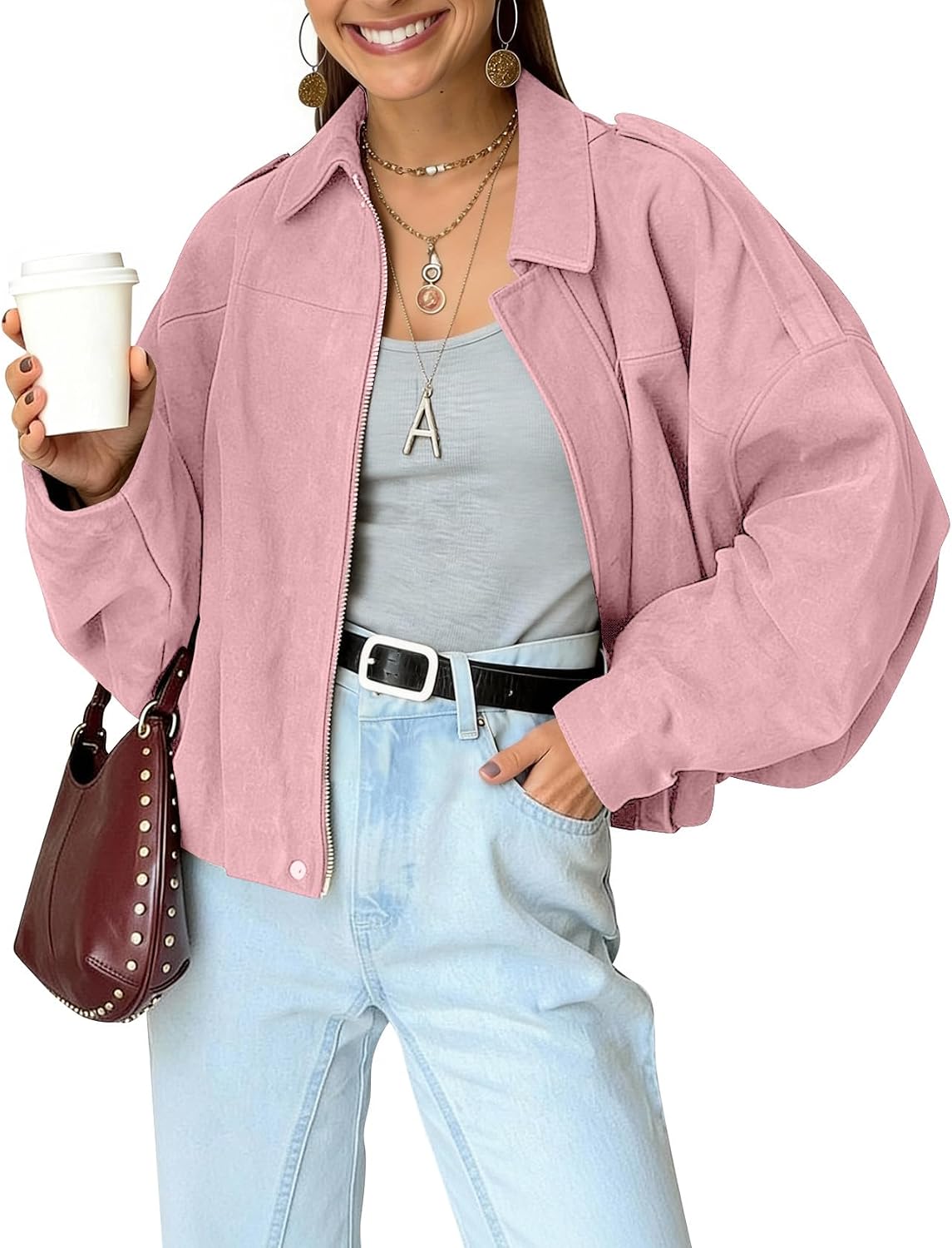 Cazadora bomber Elena para Mujer – Mangas murciélago, Cierre de cremallera y Corte oversize