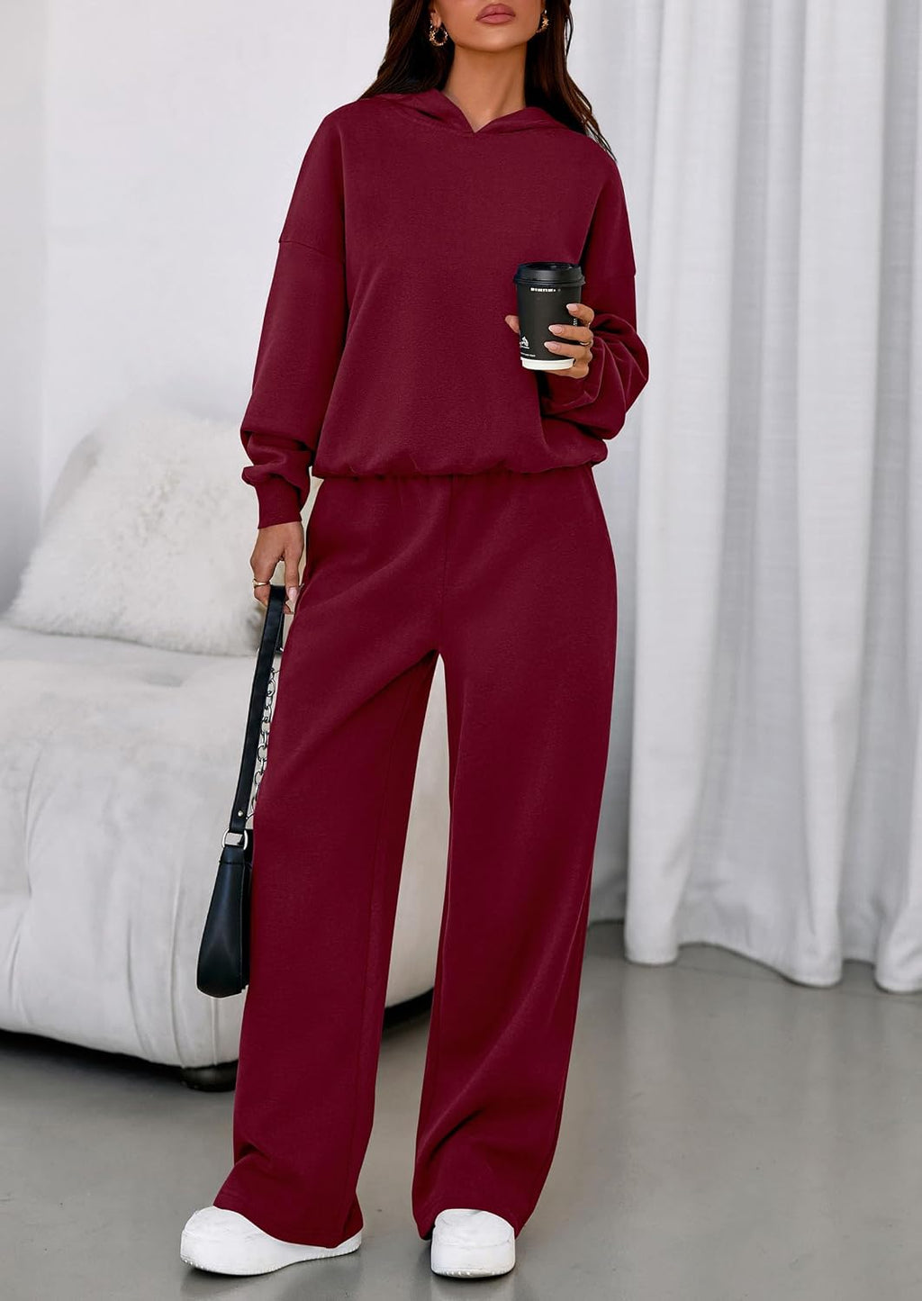 Bella Conjunto de descanso de 2 piezas con capucha para mujer – top de manga larga y pantalón de pierna ancha