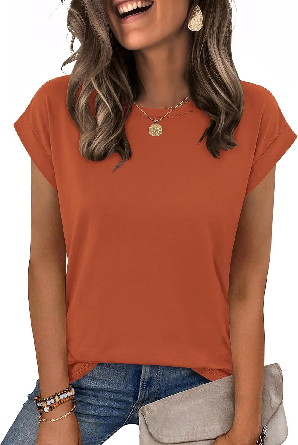 Bianca Camiseta relajada de cuello redondo para mujer – manga corta y color liso